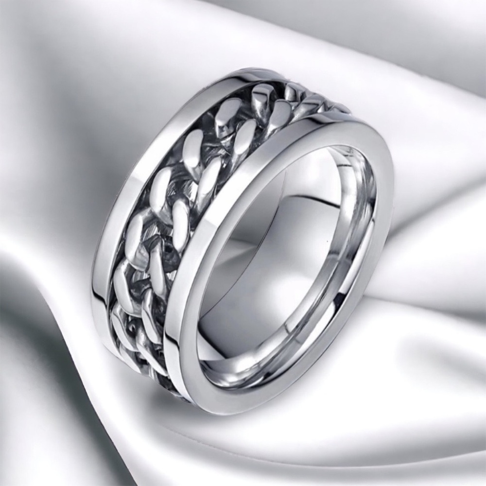 NEW Men’s Chain Spinner Fidget Ring Silver Stainless Steel Jewelry 8mm Wide - Picture 2 of 5